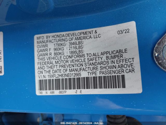 19XFL2H83NE012665 Honda Civic Sport