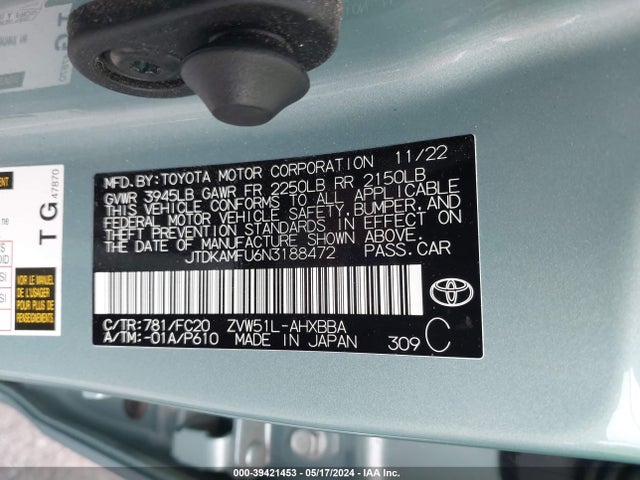 Toyota Prius L 2022 JTDKAMFU6N3188472 Image 9