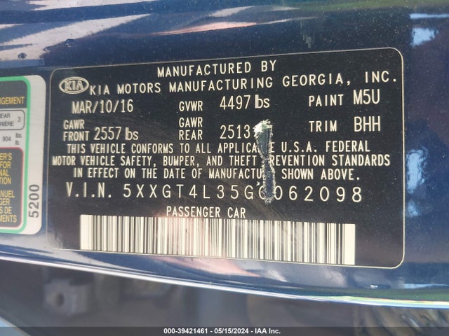 KIA Optima Lx 2016 5XXGT4L35GG062098 Image 9