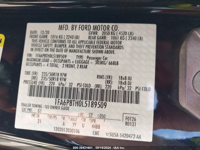 Ford Mustang Ecoboost Fastback 2020 1FA6P8TH0L5189509 Image 9