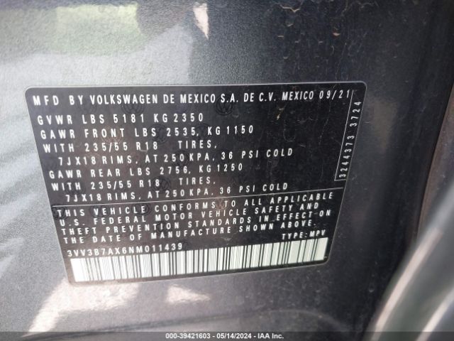 3VV3B7AX6NM011439 Volkswagen Tiguan 2.0t Se