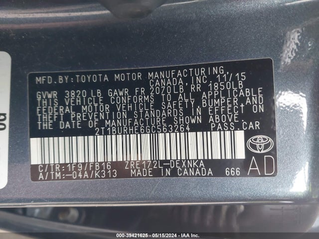 Toyota COROLLA LE 2016 2T1BURHE6GC563264 Image 9