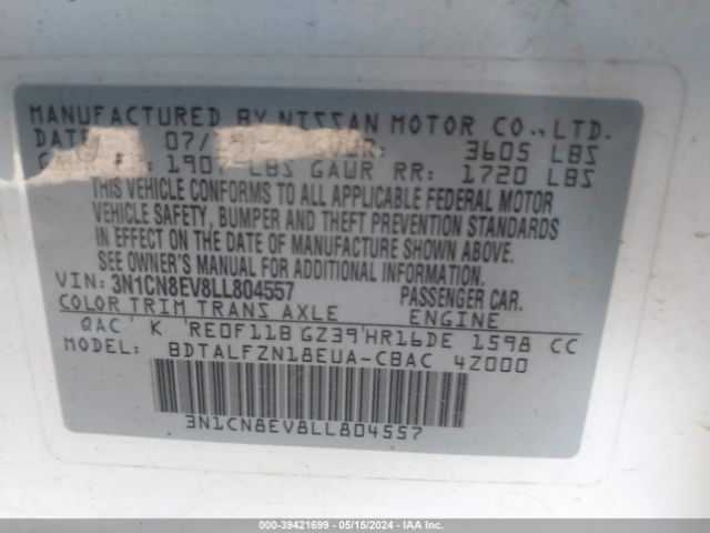 3N1CN8EV8LL804557 Nissan Versa Sv Xtronic Cvt