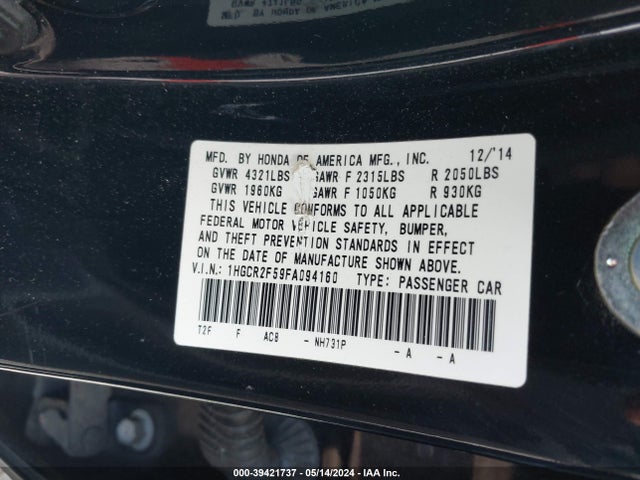 Honda Accord Sport 2015 1HGCR2F59FA094160 Image 9