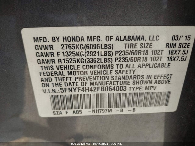 Honda Pilot Ex 2015 5FNYF4H42FB064003 Image 9
