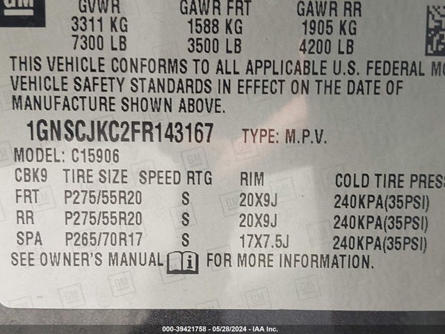 Chevrolet Suburban 1500 Lt 2015 1GNSCJKC2FR143167 Image 9
