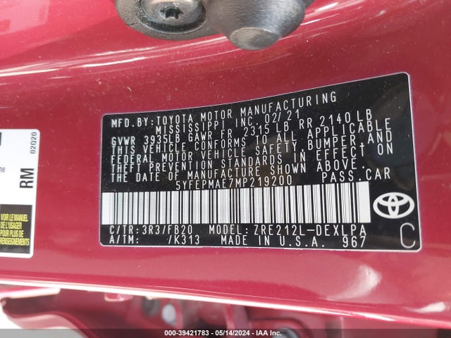 Toyota COROLLA LE 2021 5YFEPMAE7MP219200 Image 9