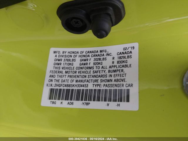 2HGFC4B85KH304453 Honda Civic Sport