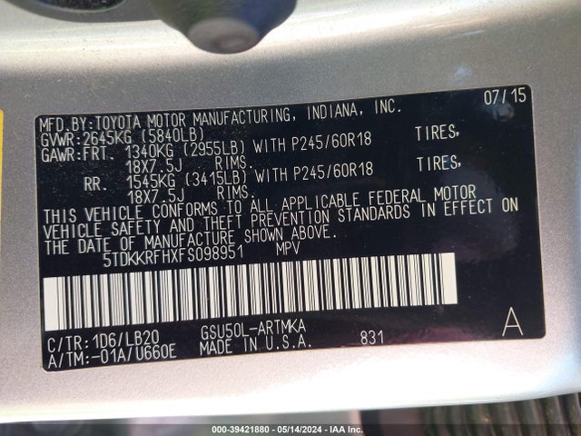 Toyota Highlander Xle V6 2015 5TDKKRFHXFS098951 Image 9