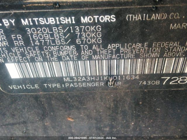 ML32A3HJ1KH011634 Mitsubishi MIRAGE ES