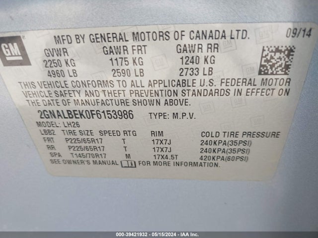 Chevrolet EQUINOX 1LT 2015 2GNALBEK0F6153986 Image 9