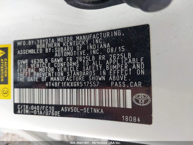 Toyota CAMRY LE 2016 4T4BF1FKXGR517557 Image 9