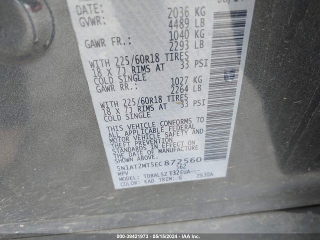 Nissan Rogue Sl 2014 5N1AT2MT5EC872560 Image 9