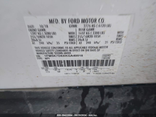 Ford EXPLORER XLT 2019 1FM5K7D8XKGA40018 Image 9