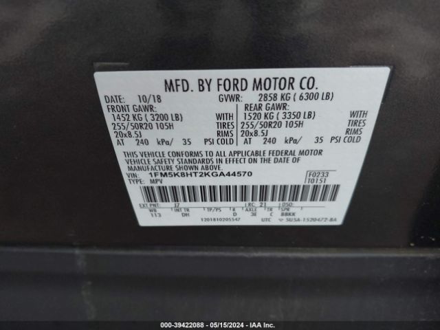 1FM5K8HT2KGA44570 Ford Explorer Platinum