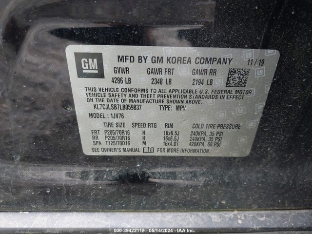 Chevrolet Trax Fwd Lt 2020 KL7CJLSB7LB059837 Image 9
