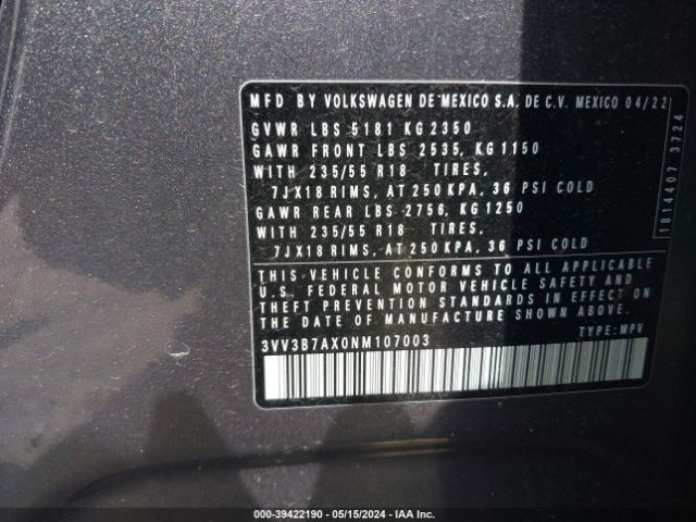 3VV3B7AX0NM107003 Volkswagen Tiguan 2.0t Se