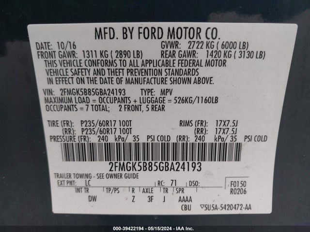 Ford FLEX SE 2016 2FMGK5B85GBA24193 Image 9