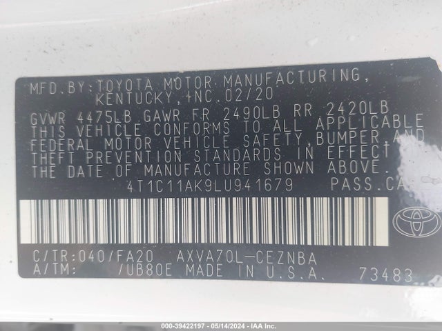 Toyota CAMRY LE 2020 4T1C11AK9LU941679 Image 9
