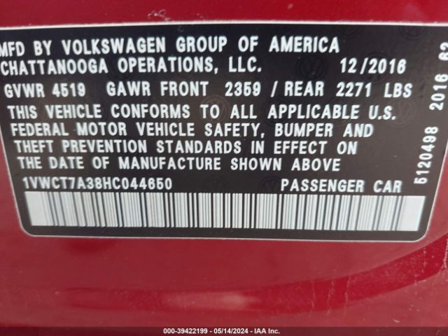 1VWCT7A38HC044650 Volkswagen Passat 1.8t Sel Premium