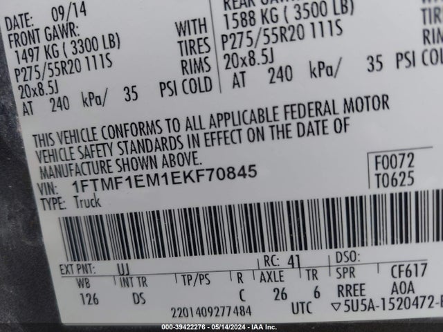 Ford F-150 Stx 2014 1FTMF1EM1EKF70845 Image 9