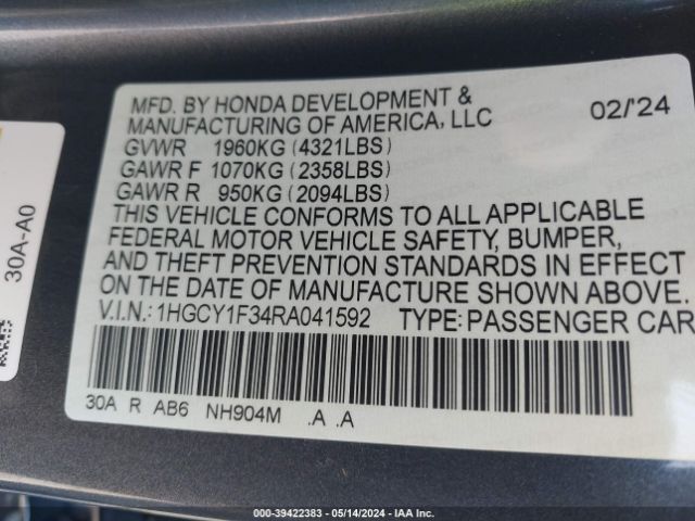 1HGCY1F34RA041592 Honda ACCORD EX