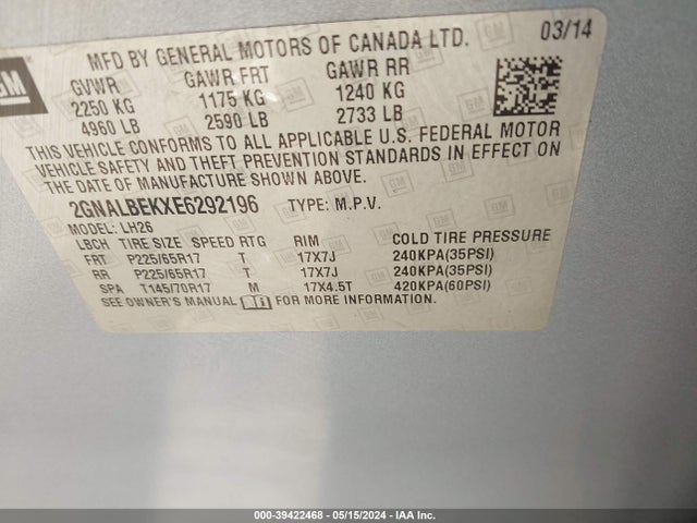 Chevrolet EQUINOX 1LT 2014 2GNALBEKXE6292196 Image 8