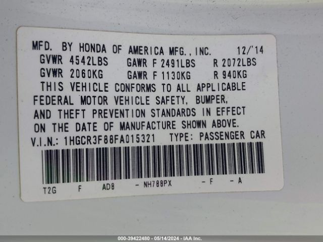 1HGCR3F88FA015321 Honda Accord Ex-l V-6