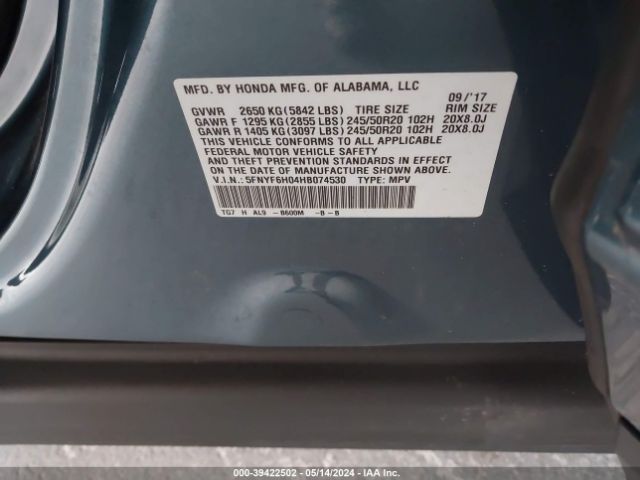 5FNYF6H04HB074530 Honda Pilot Elite