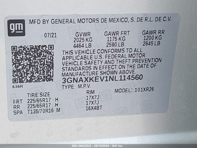 3GNAXKEV1NL114560 Chevrolet Equinox Fwd Lt