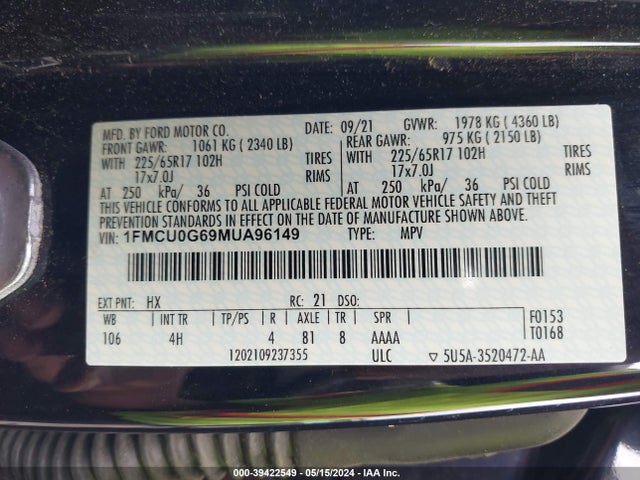 Ford ESCAPE SE 2021 1FMCU0G69MUA96149 Image 9