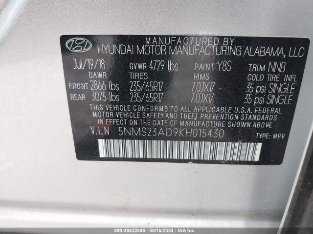 Hyundai Santa Fe Se 2019 5NMS23AD9KH015430 Image 9