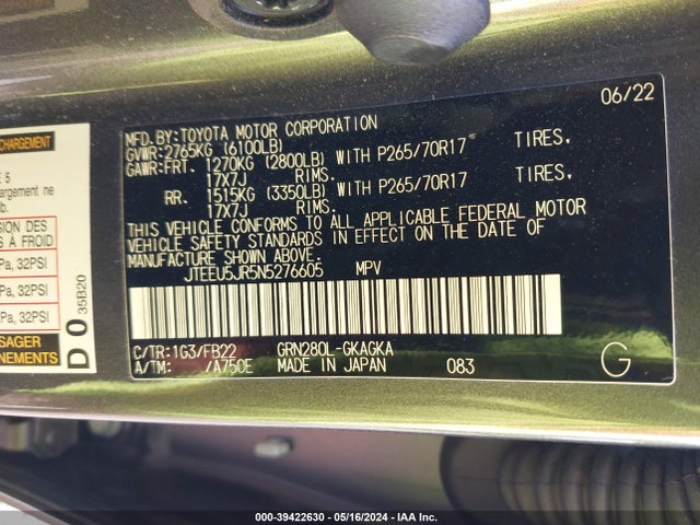 Toyota 4RUNNER SR5 2022 JTEEU5JR5N5276605 Image 9
