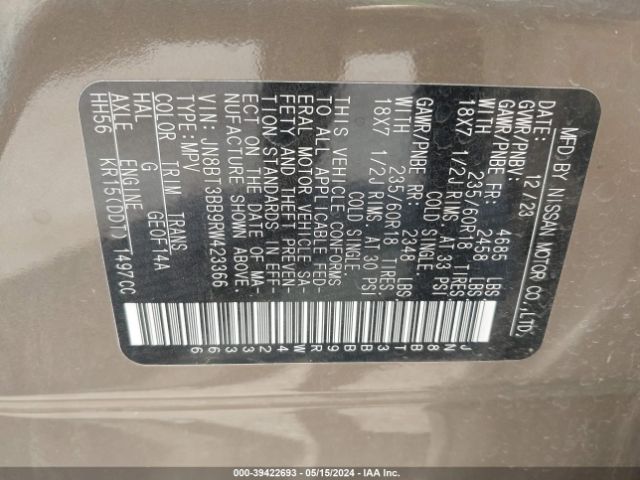 JN8BT3BB9RW423366 Nissan Rogue Sv Intelligent Awd