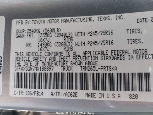 5TFAX5GN7MX188897 Toyota Tacoma Sr