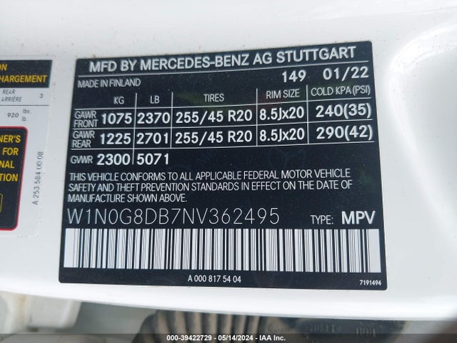 W1N0G8DB7NV362495 Mercedes-Benz Glc 300 Suv