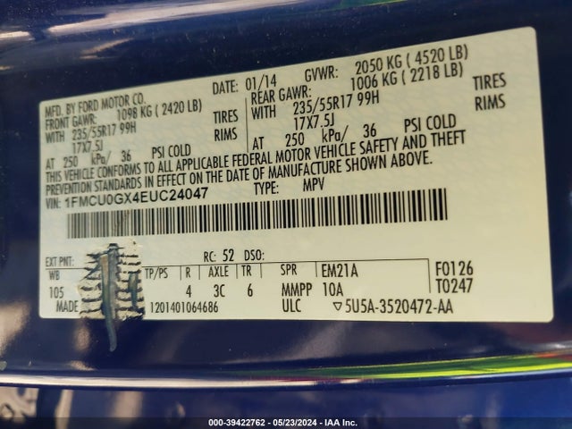Ford ESCAPE SE 2014 1FMCU0GX4EUC24047 Image 9