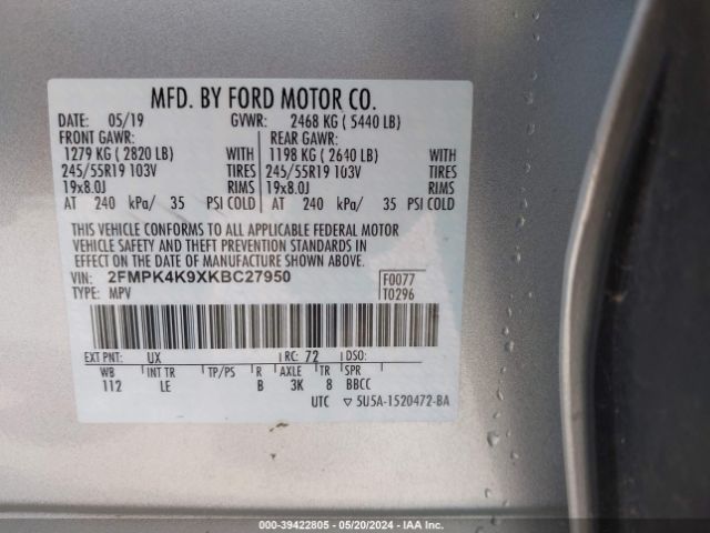 2FMPK4K9XKBC27950 Ford Edge Titanium