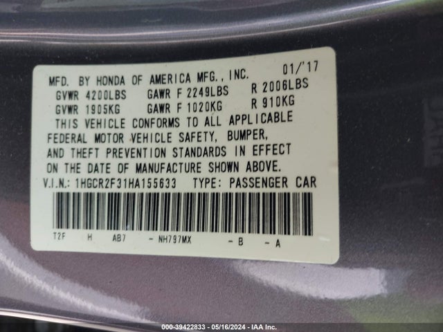 Honda ACCORD LX 2017 1HGCR2F31HA155633 Image 9