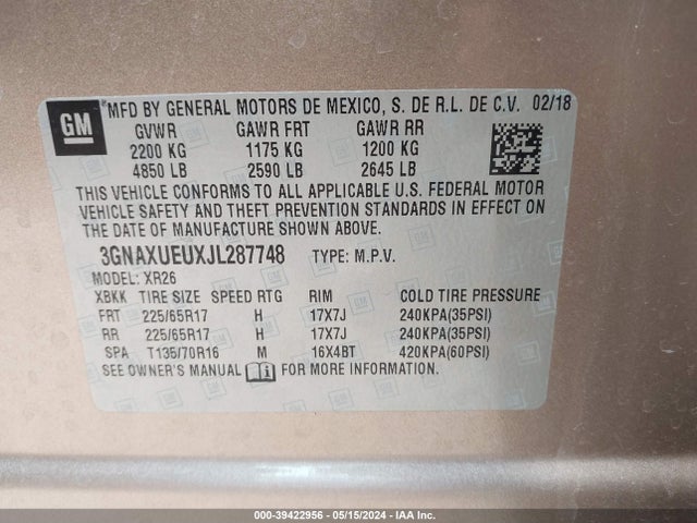 Chevrolet EQUINOX LT 2018 3GNAXUEUXJL287748 Image 9