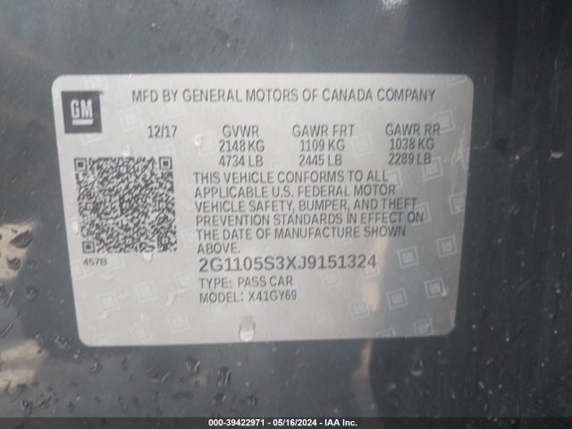 Chevrolet IMPALA 1LT 2018 2G1105S3XJ9151324 Image 9