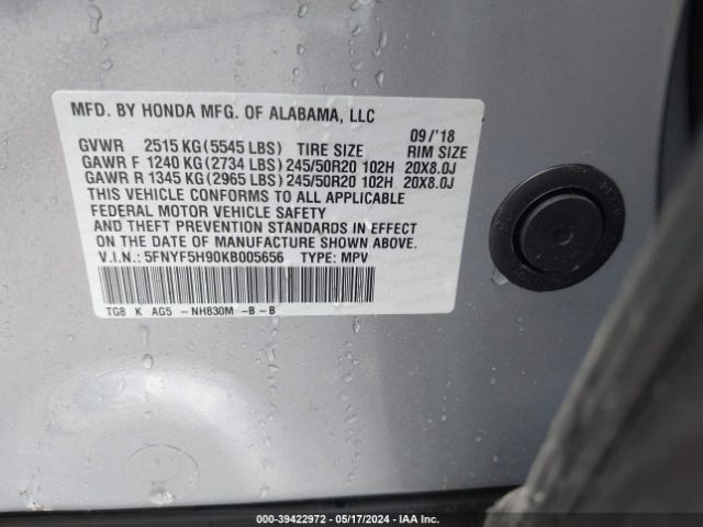 5FNYF5H90KB005656 Honda Pilot Touring