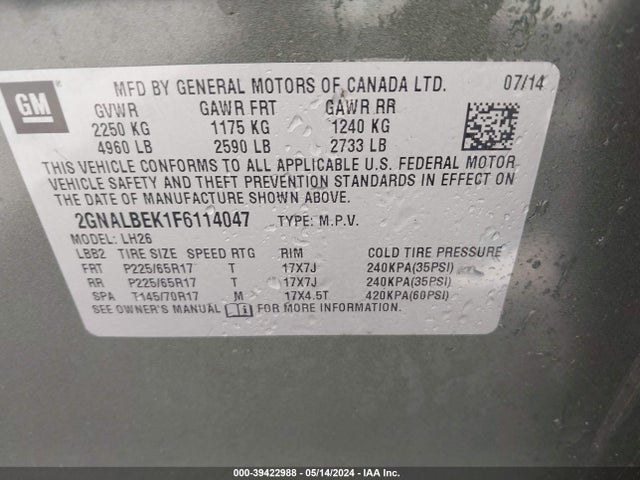 Chevrolet EQUINOX 1LT 2015 2GNALBEK1F6114047 Image 9