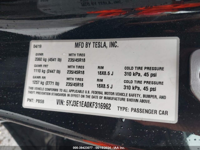 Tesla Model 3 Long Range/mid Range/standard Range/standard Range Plus 2019 5YJ3E1EA0KF316962 Image 9
