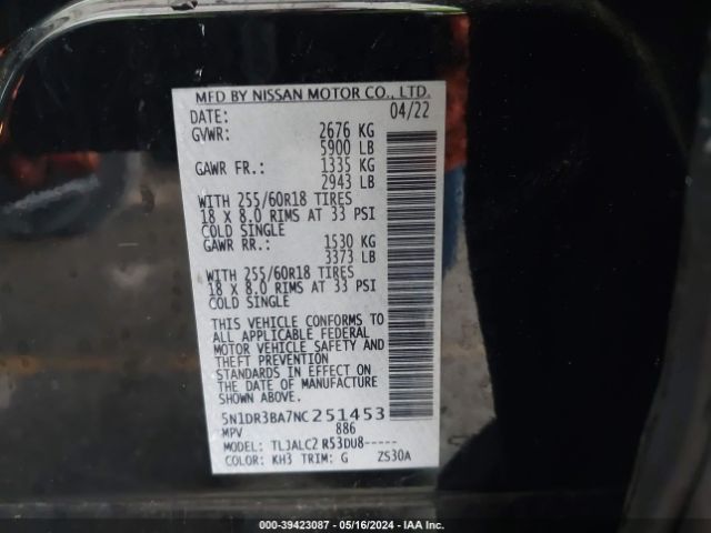 5N1DR3BA7NC251453 Nissan Pathfinder Sv 2wd
