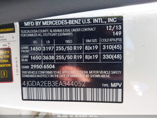 4JGDA2EB3EA344052 Mercedes-Benz Ml 350 Bluetec 4matic