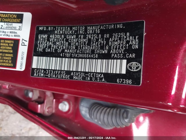Toyota CAMRY SE 2017 4T1BF1FK3HU664458 Image 9