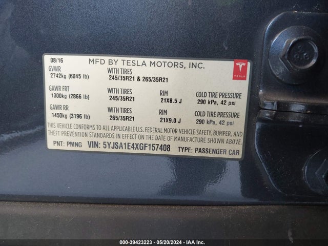 Tesla Model S 90d/p100d/p85d/p90d 2016 5YJSA1E4XGF157408 Image 9