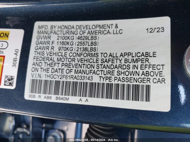 1HGCY2F61RA033143 Honda Accord Hybrid Ex-l