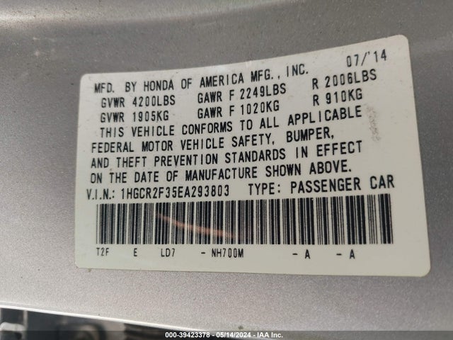 Honda ACCORD LX 2014 1HGCR2F35EA293803 Image 9